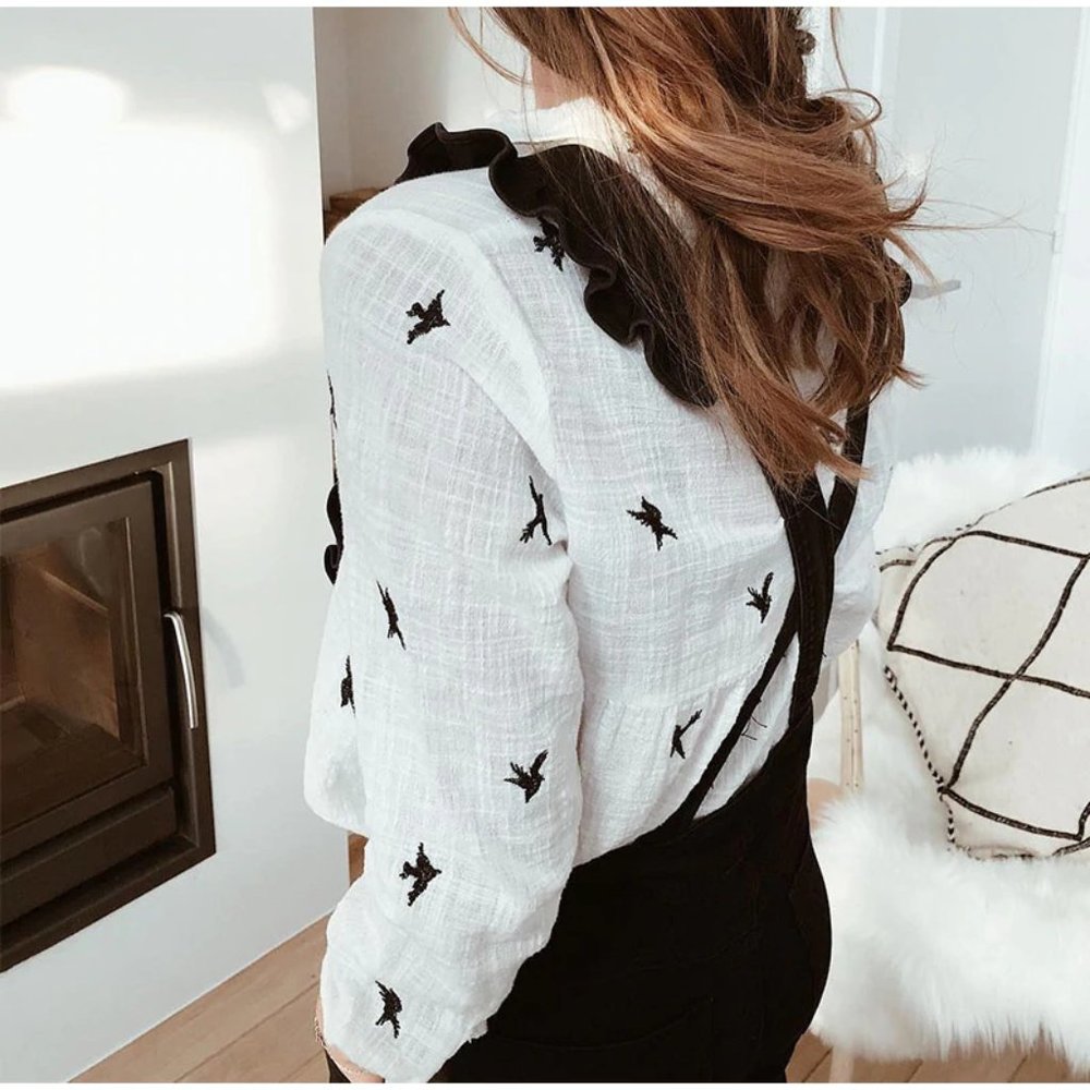 White Ruffle Bird Print Long Sleeve Shirt - Picture 5 of 10